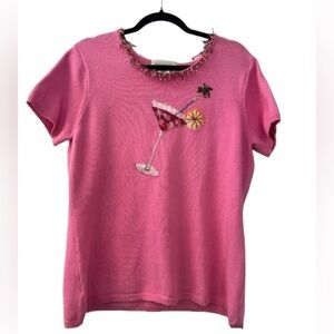 Susan Bristol Beaded Martini Sweater Pink Short Sleeve Fun Cocktail Knit Size XL